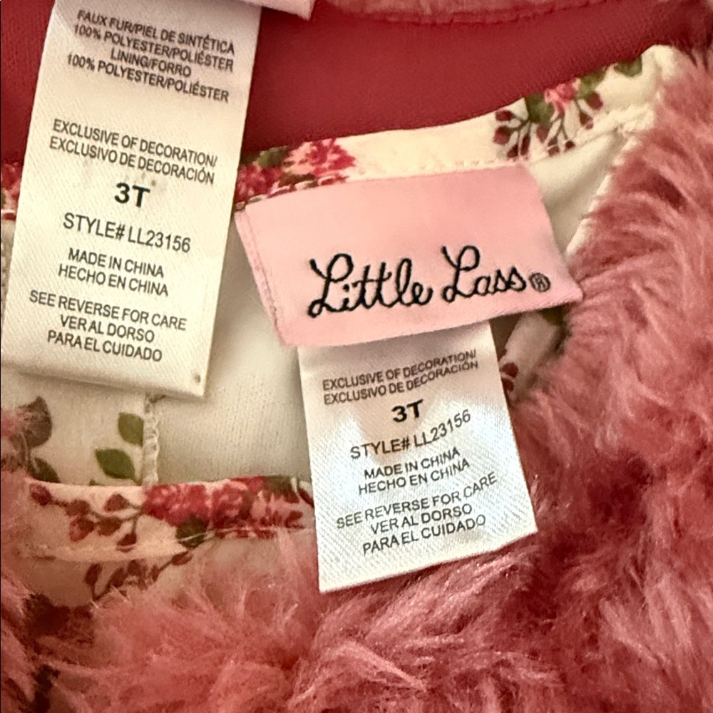 Little Lass Pink Floral Top and Faux Fur Vest Set - Picture 2 of 2